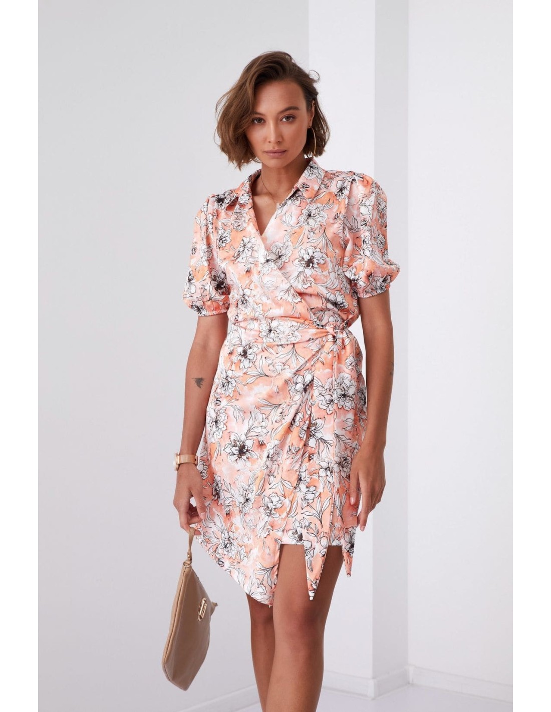 Floral print wrap dress with collar, light orange FG638 - Online store - Boutique